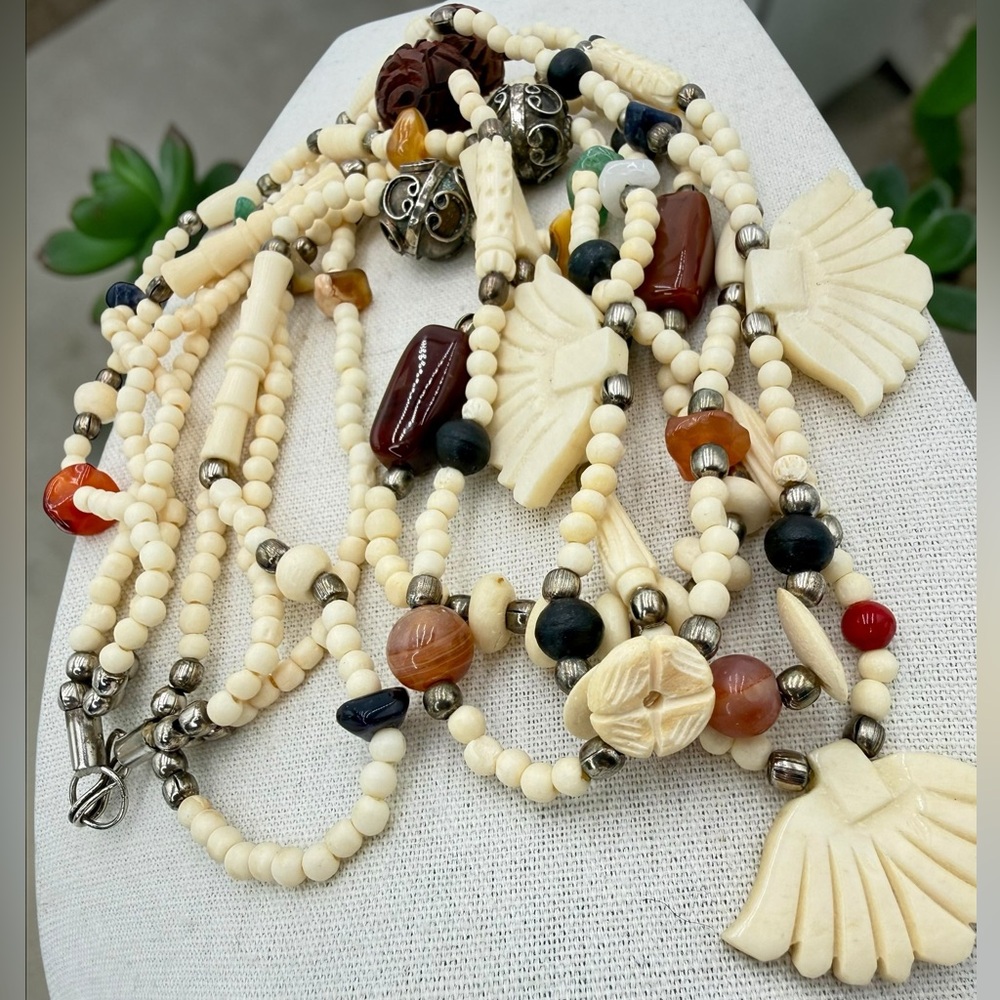 VTG 4 Strand Carved Bone Bead Necklace Jasper Carnelian Sodalite Agate Boho 24” - Picture 14 of 17